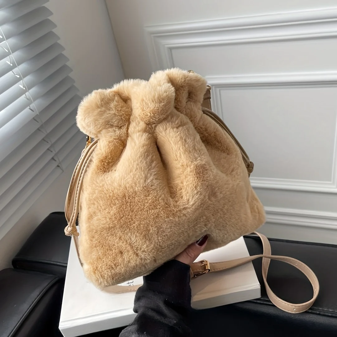 Stylish Plush Bucket Bag, Solid Color Drawstring Lucky Bag, Perfect Crossbody Bag For Daily Use - Deanwangkt