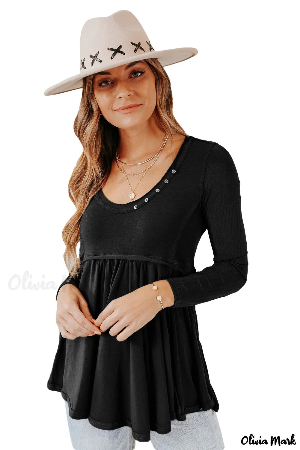 Deanwangkt - Black Babydoll Blouse with Long Sleeves and Solid Color Buttons - Deanwangkt