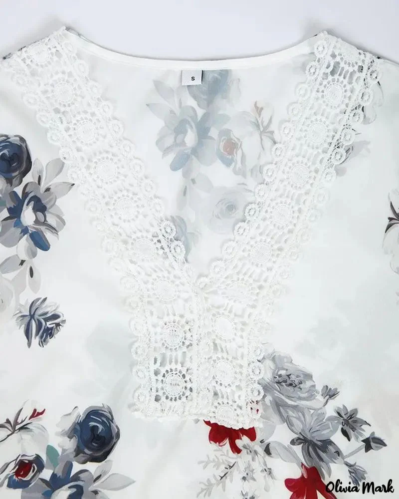 Deanwangkt - Floral Print V-Neck Lace Patch Top - Deanwangkt
