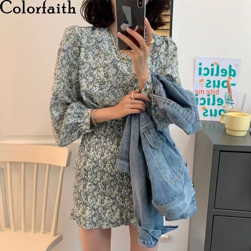 Christmas Gift  New Deanwangkt Women Summer Autunm Dresses Floral Printed Vintage High Waist Korean Package Hip Lady Mini Dresses DR21107 - Deanwangkt