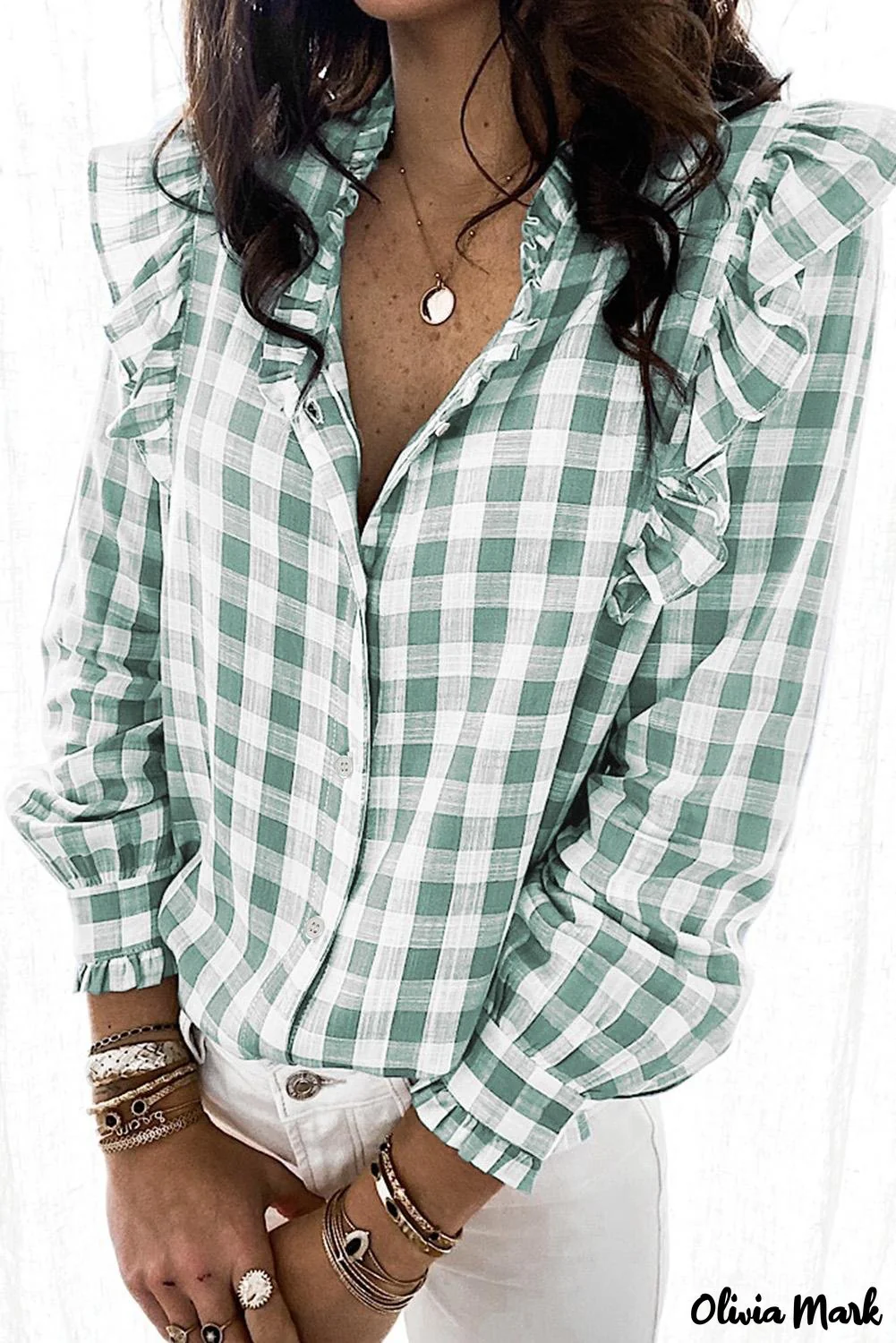 Deanwangkt - Sky blue checked ruffled button-down shirt - Deanwangkt