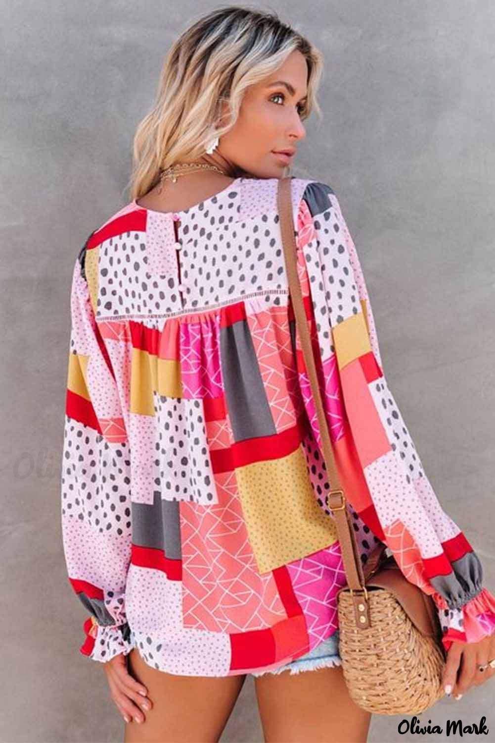 Deanwangkt - Multicolor Polka Dot Geometric Patchwork Long Sleeve Blouse - Deanwangkt