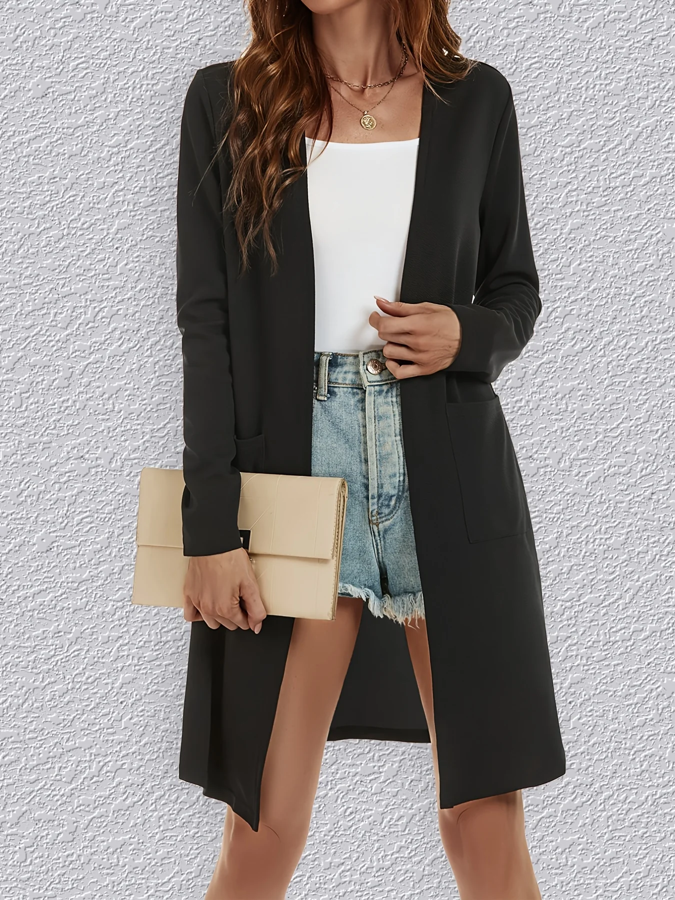 deanwangkt-1  Solid Open Front Jacket, Casual Simple Mid Length Long Sleeve Outerwear With Pocket, Women's Clothing - Deanwangkt