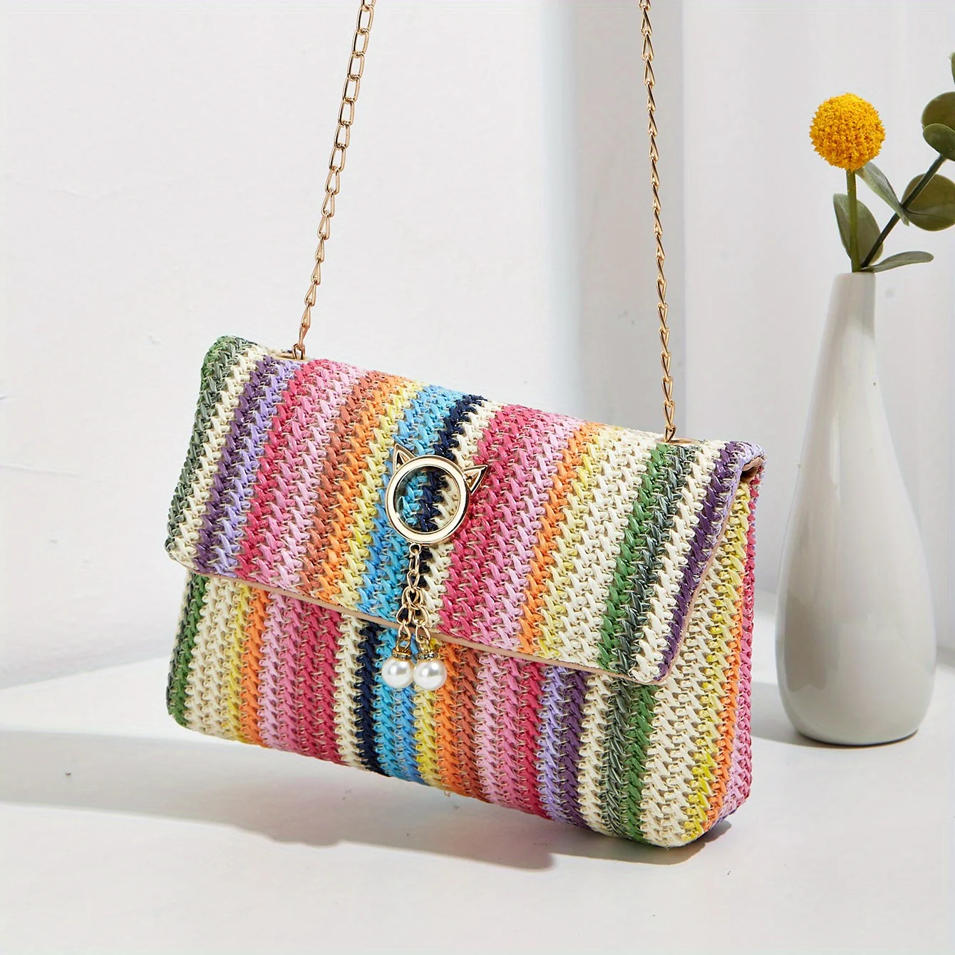 deanwangkt-1  Rainbow Straw Woven Beach Bag, Fashion Chain Crossbody Bag, Colorful Stripes Square Purse - Deanwangkt