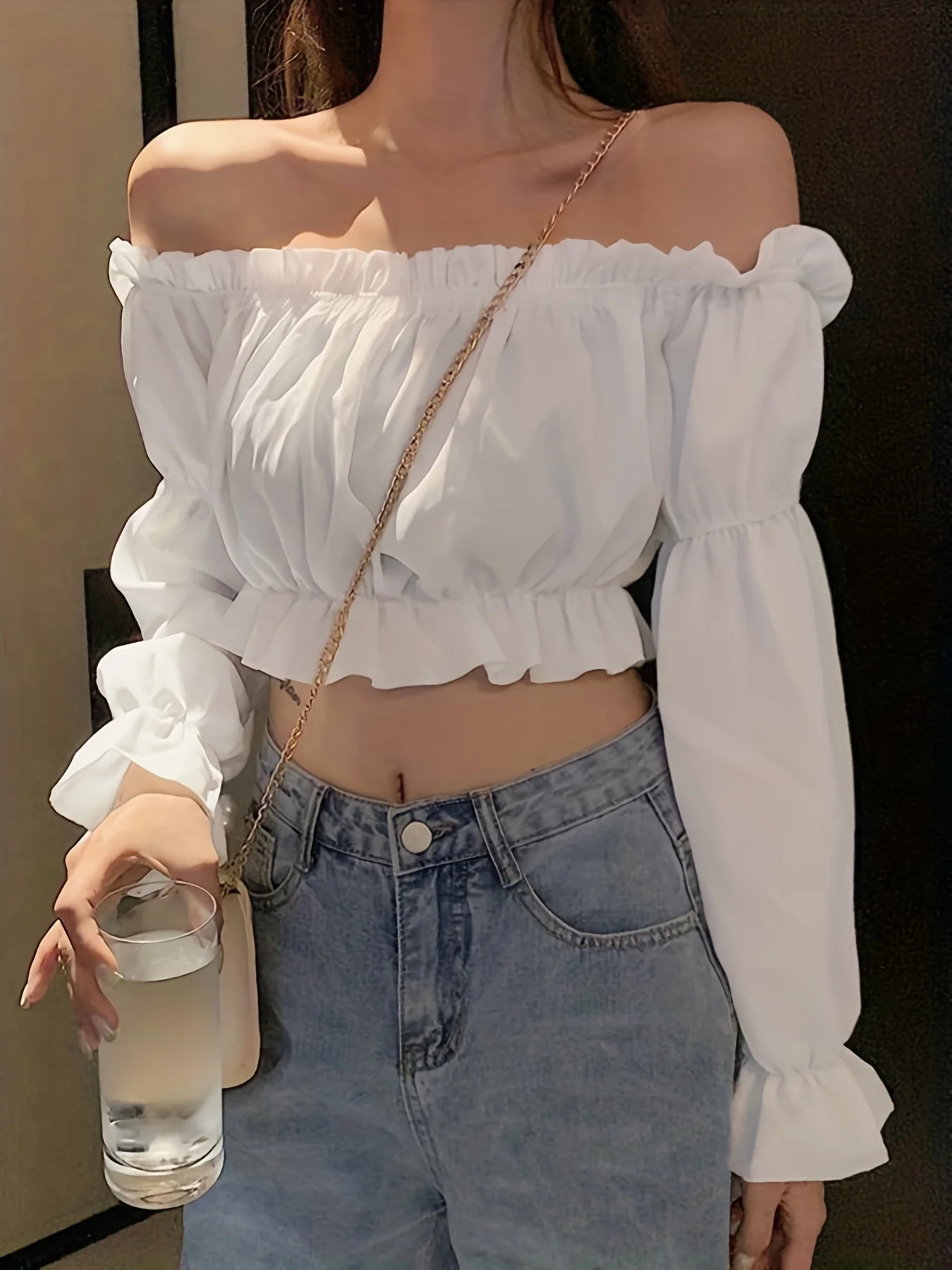 Off Shoulder Ruffle Trim Blouse, Long Sleeve Casual Crop Top, Women's Clothing - Deanwangkt