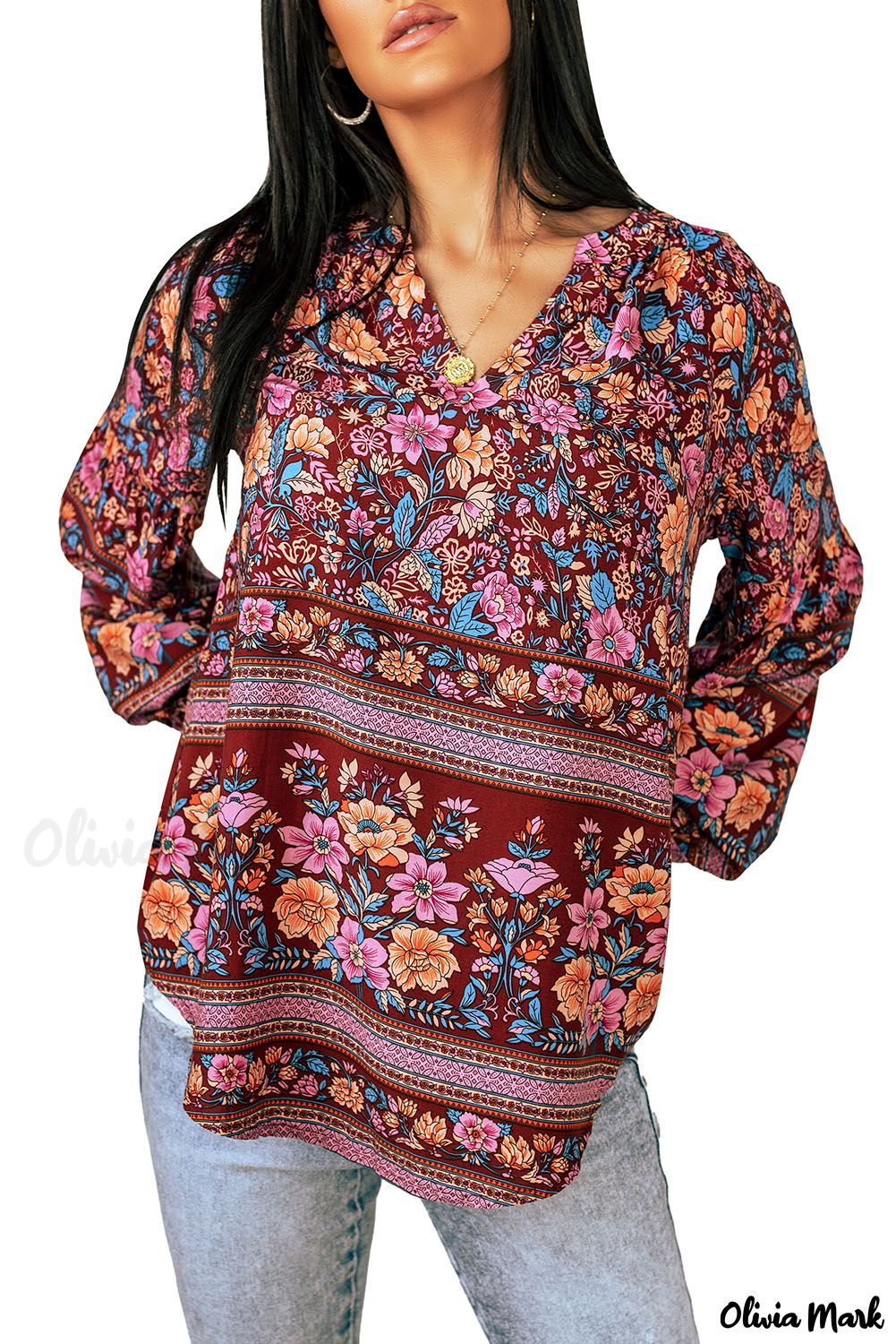 Deanwangkt - Floral Print V-Neck Long Sleeve Blouse - Deanwangkt