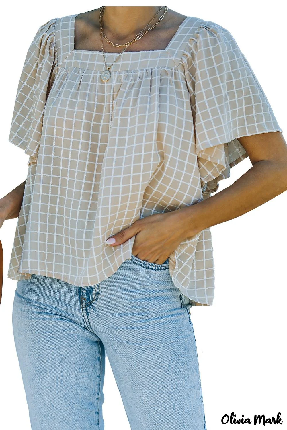 Deanwangkt - Khaki Gingham Flutter Sleeve Blouse - Deanwangkt