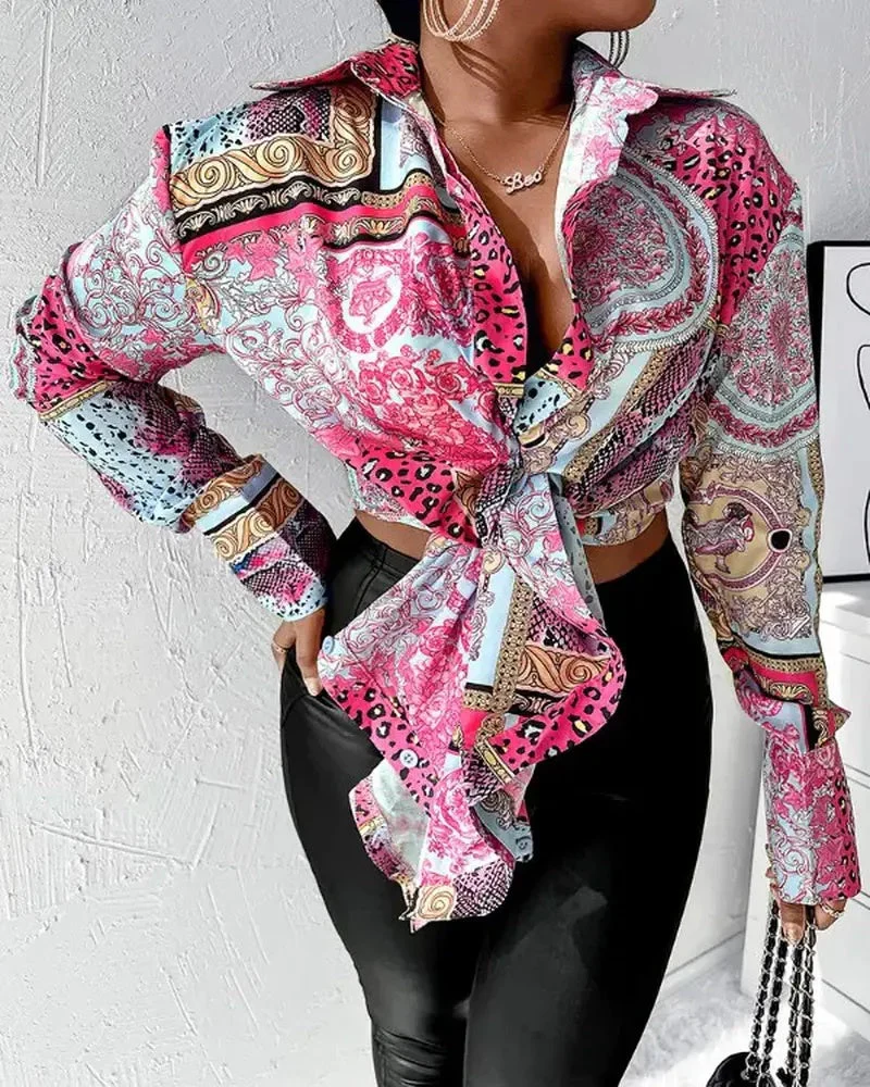 Deanwangkt - Long Sleeve Tie Front Scarf Print Shirt - Deanwangkt