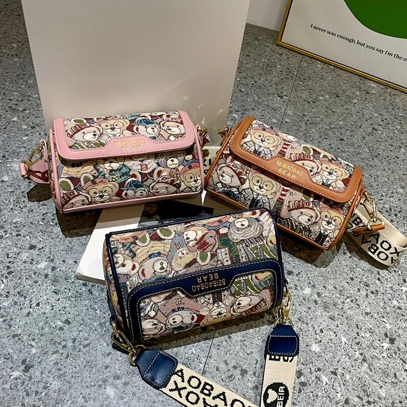 deanwangkt-1 Small Bear Jacquard Shoulder Bag, Cartoon Flap Cylinder Purse, Women's Wide Strap Crossbody Bag (8.66*5.51*4.33) Inch - Deanwangkt