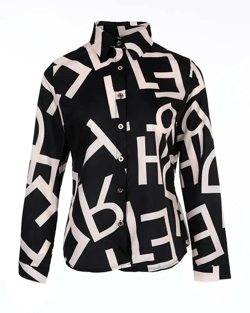 Deanwangkt - Letter Print Button Up Long Sleeve Top - Deanwangkt