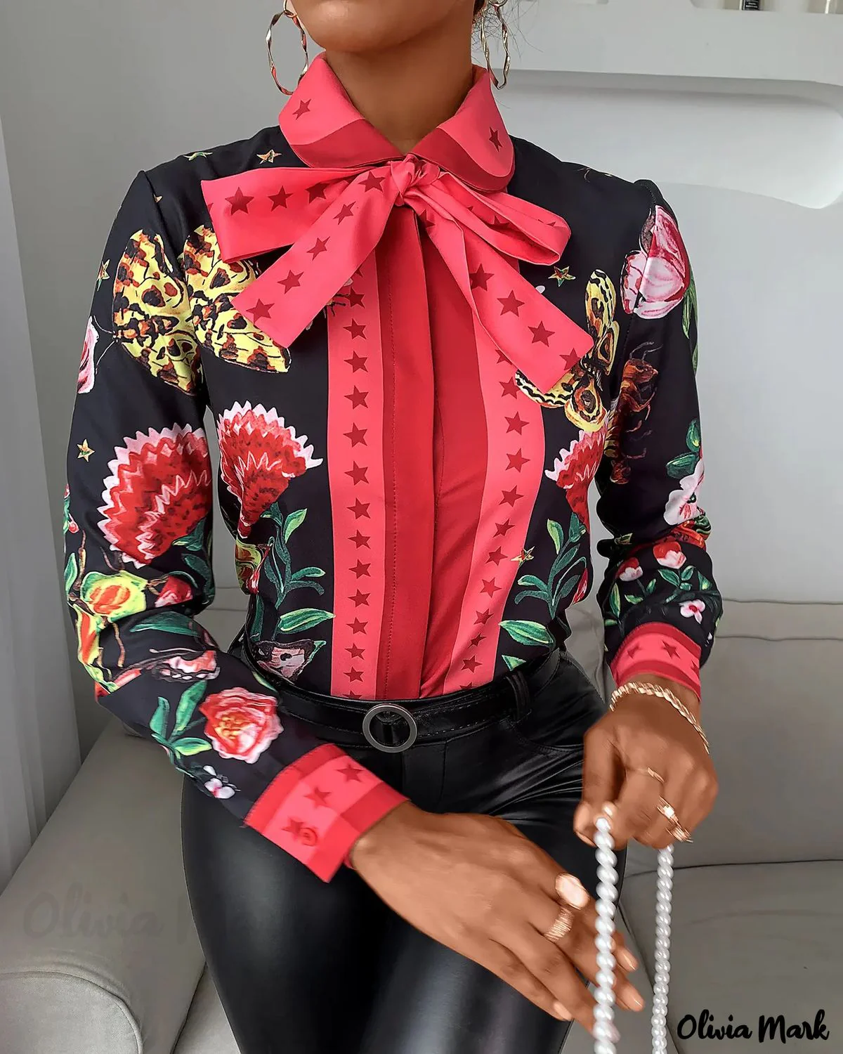 Deanwangkt - Tie Neck Butterfly Print Long Sleeve Top - Deanwangkt