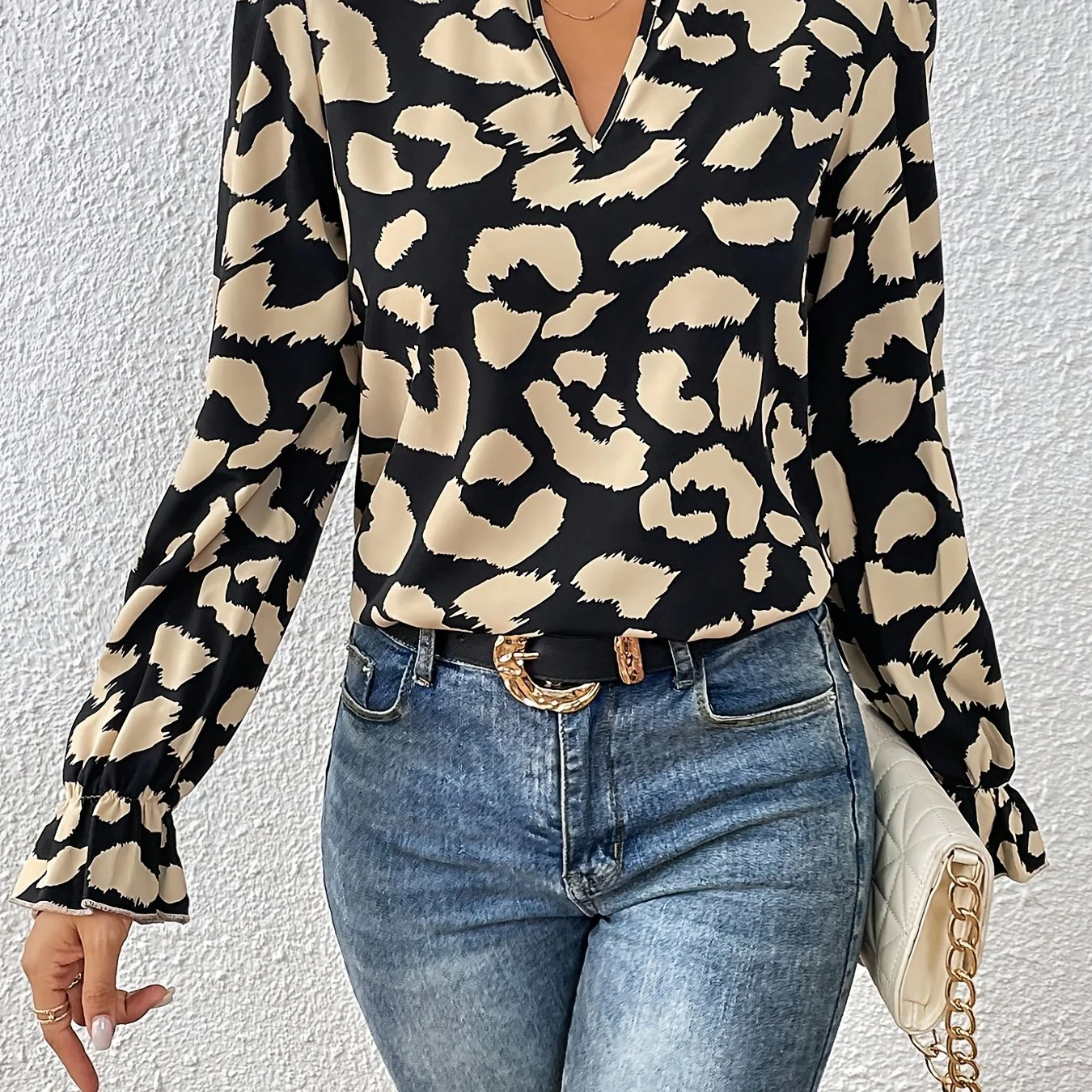 Allover Print Notched Neck Blouse, Casual Flounce Sleeve Blouse For Spring & Fall, Women's Clothing - Deanwangkt