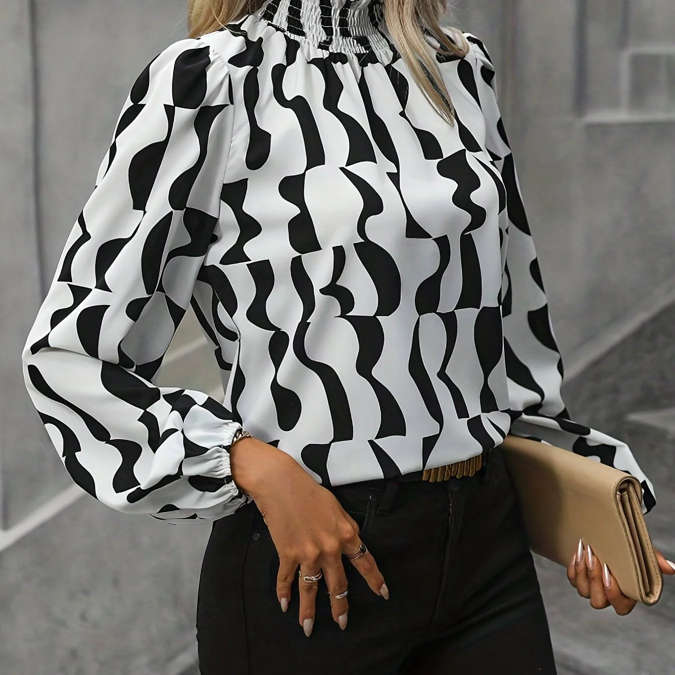 All Over Print Blouse, Elegant Long Sleeve Mock Neck Blouse, Women's Clothing - Deanwangkt