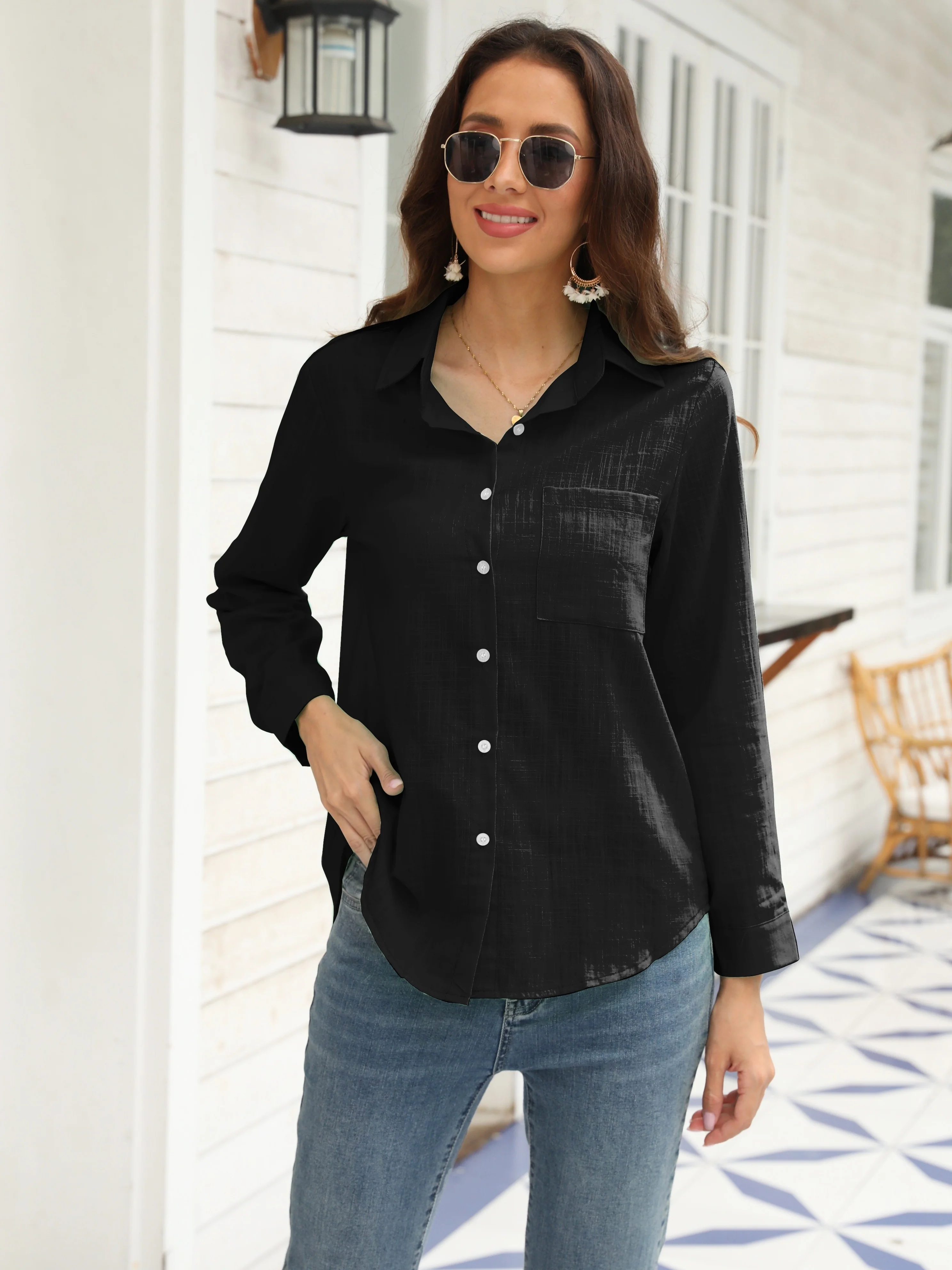 Long Sleeve Button Up Shirt, Pocket Casual Every Day Top For Spring & Fall, Women's Clothing - Deanwangkt