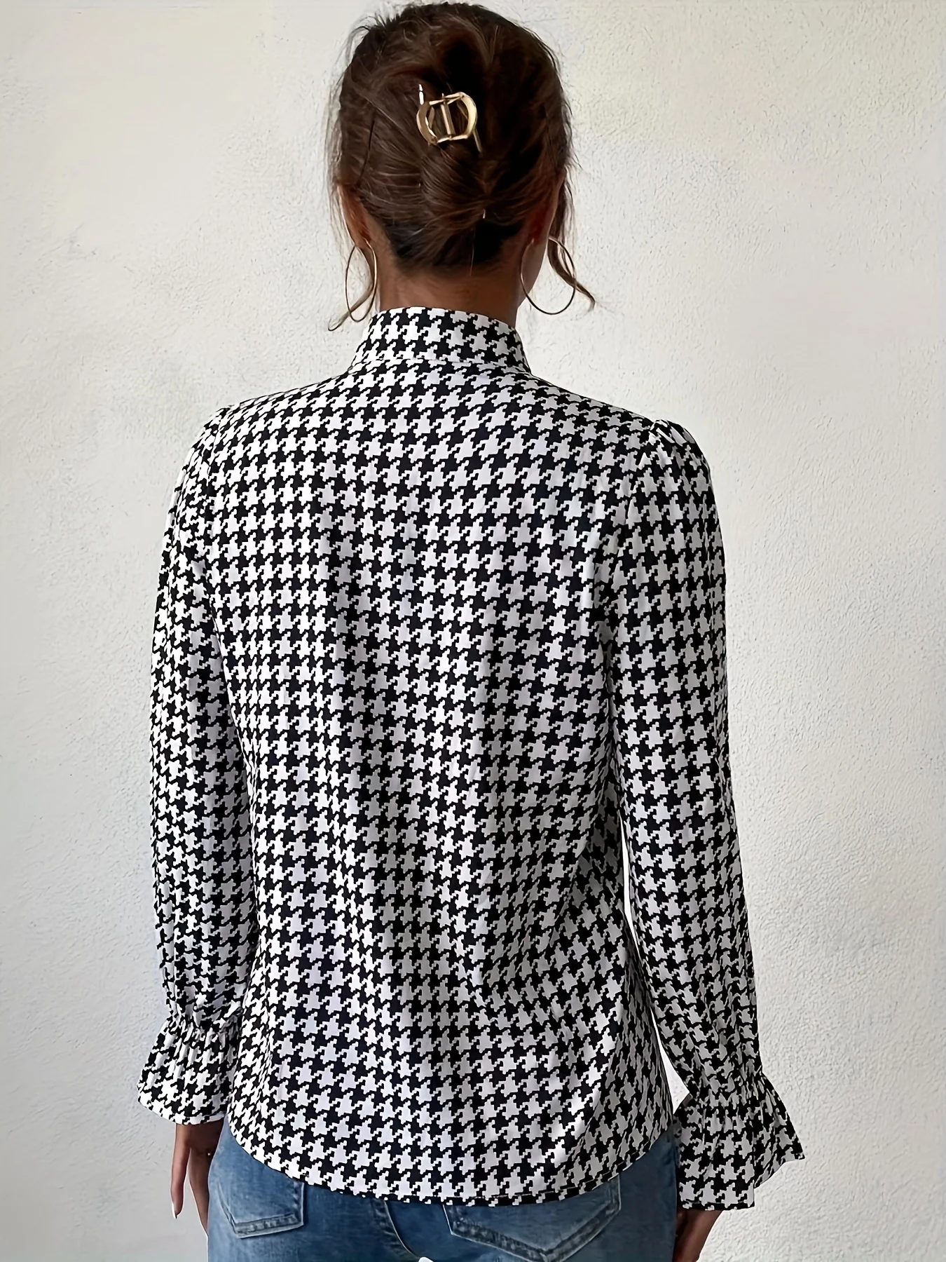 Houndstooth Print Notch Neck Blouse, Elegant Ruffle Trim Lantern Sleeve Blouse For Spring & Fall, Women's Clothing - Deanwangkt