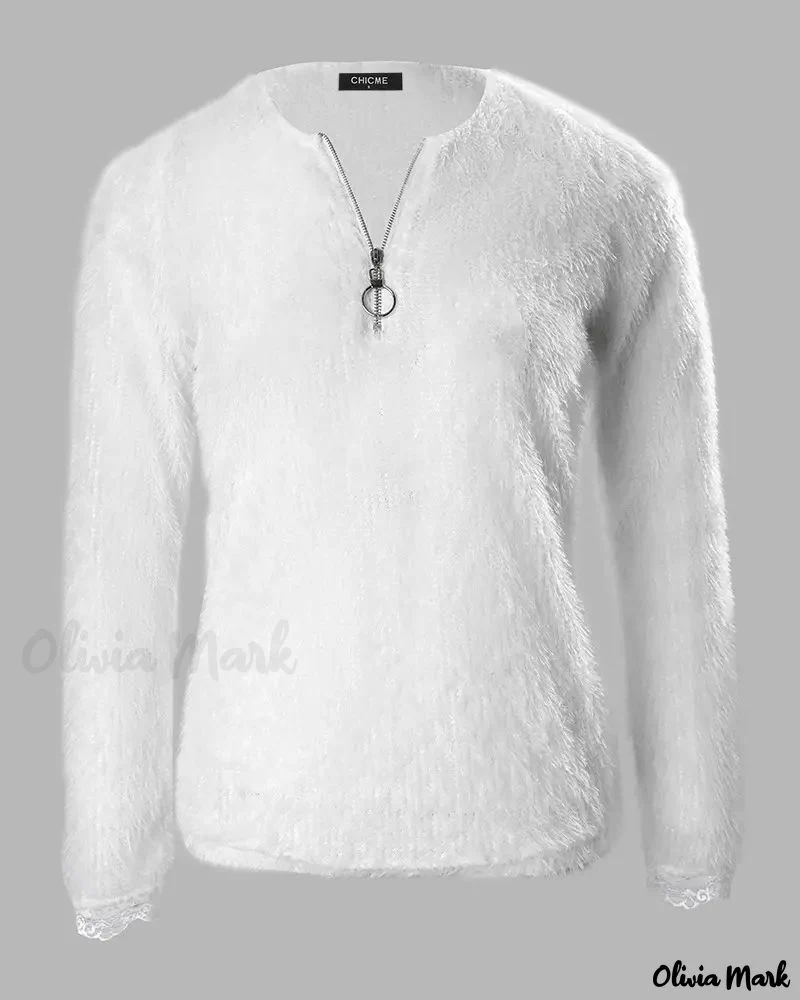 Deanwangkt - Contrast Lace Front Zipper Long Sleeve Fluffy Top - Deanwangkt