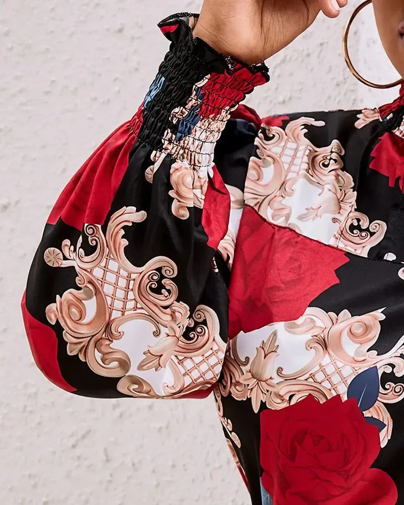 Deanwangkt - Baroque Floral Print Ruched Top With Ruffle Hem - Deanwangkt