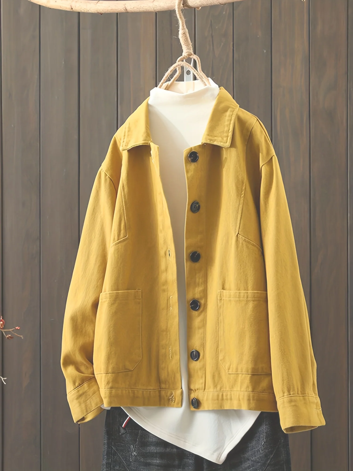 deanwangkt-1  Solid Shacket Jacket, Casual Button Front Turn Down Collar Long Sleeve Outerwear With Pockets, Women's Clothing - Deanwangkt