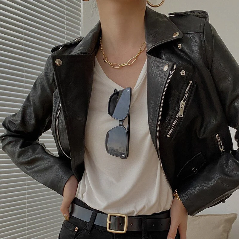 Black Friday Sales New Spring Autumn Women Moto Biker Pu Faux Leather Short Jacket With Belt Streetwear Female Zipper Classic Coat Outwear - Deanwangkt