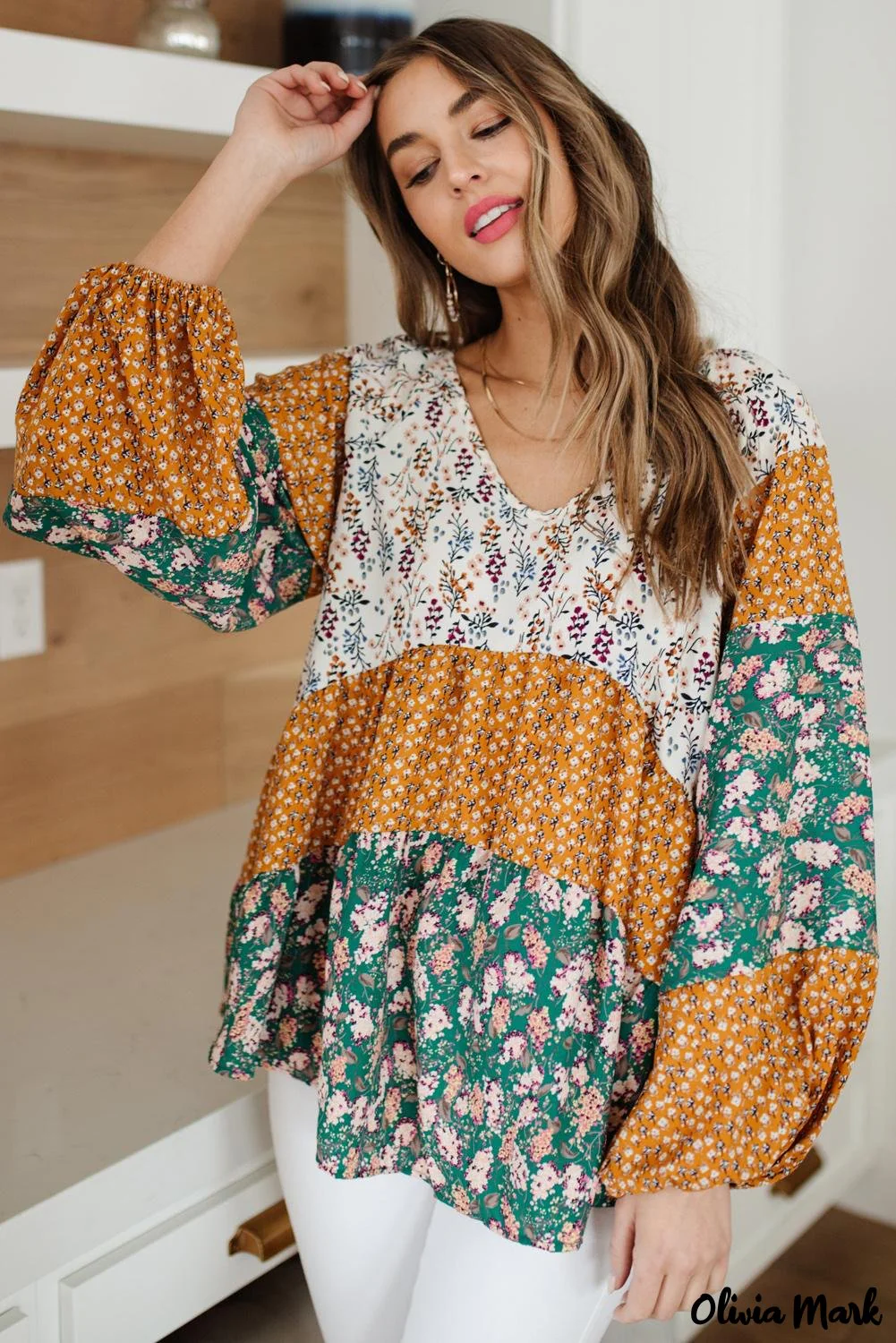 Deanwangkt - Green Color Block Floral Print Loose Blouse - Deanwangkt