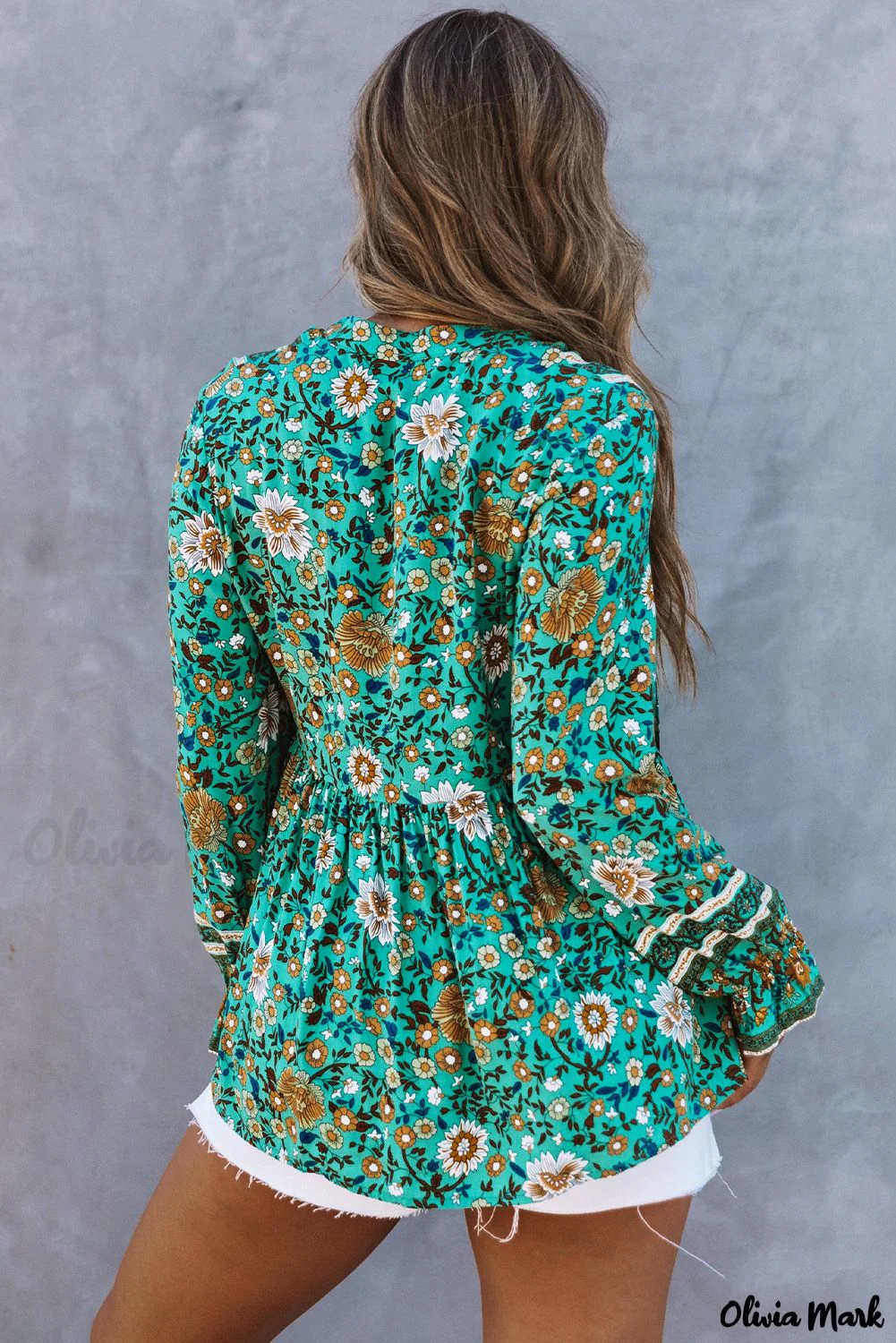 Deanwangkt - Bohemian green blouse with floral print and peplum with long sleeves - Deanwangkt