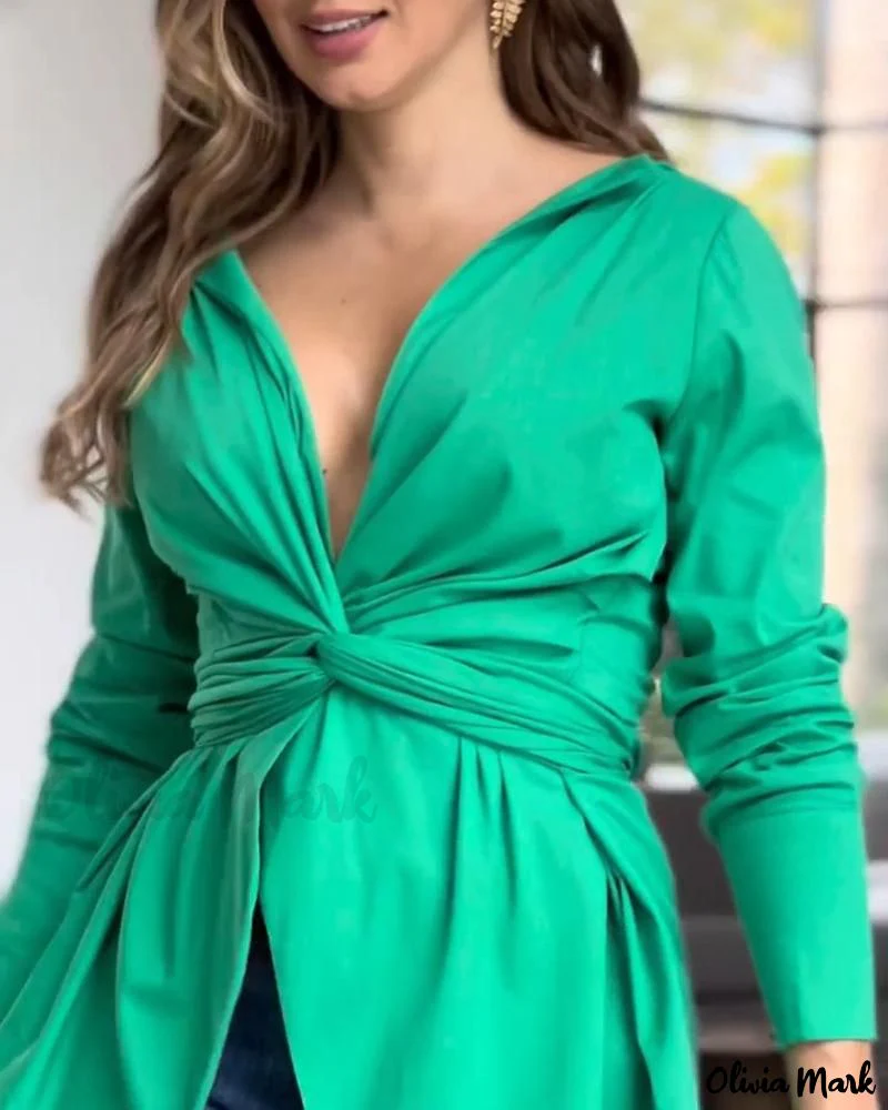 Deanwangkt - Premium Long Sleeve Twist-Front Ruched Top - Deanwangkt