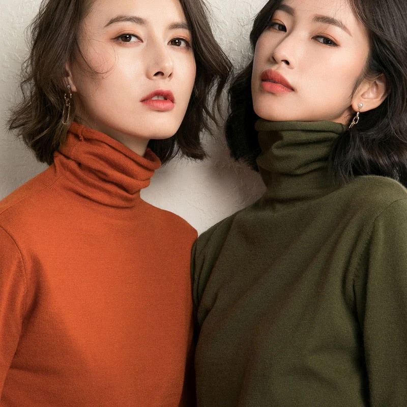 Black Friday Sales Autumn Winter Sweater Ladies Cashmere Collar Pullover Long Sleeve Slim High Neck Solid Color Knit Sweater Inside Street Jumper - Deanwangkt