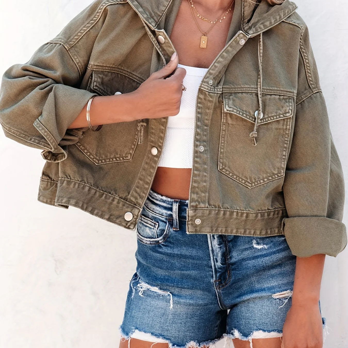 Plain Drawstring Hooded Denim Jackets, Long Sleeves Flap Pockets Cropped Denim Coats, Women's Denim Clothing - Deanwangkt