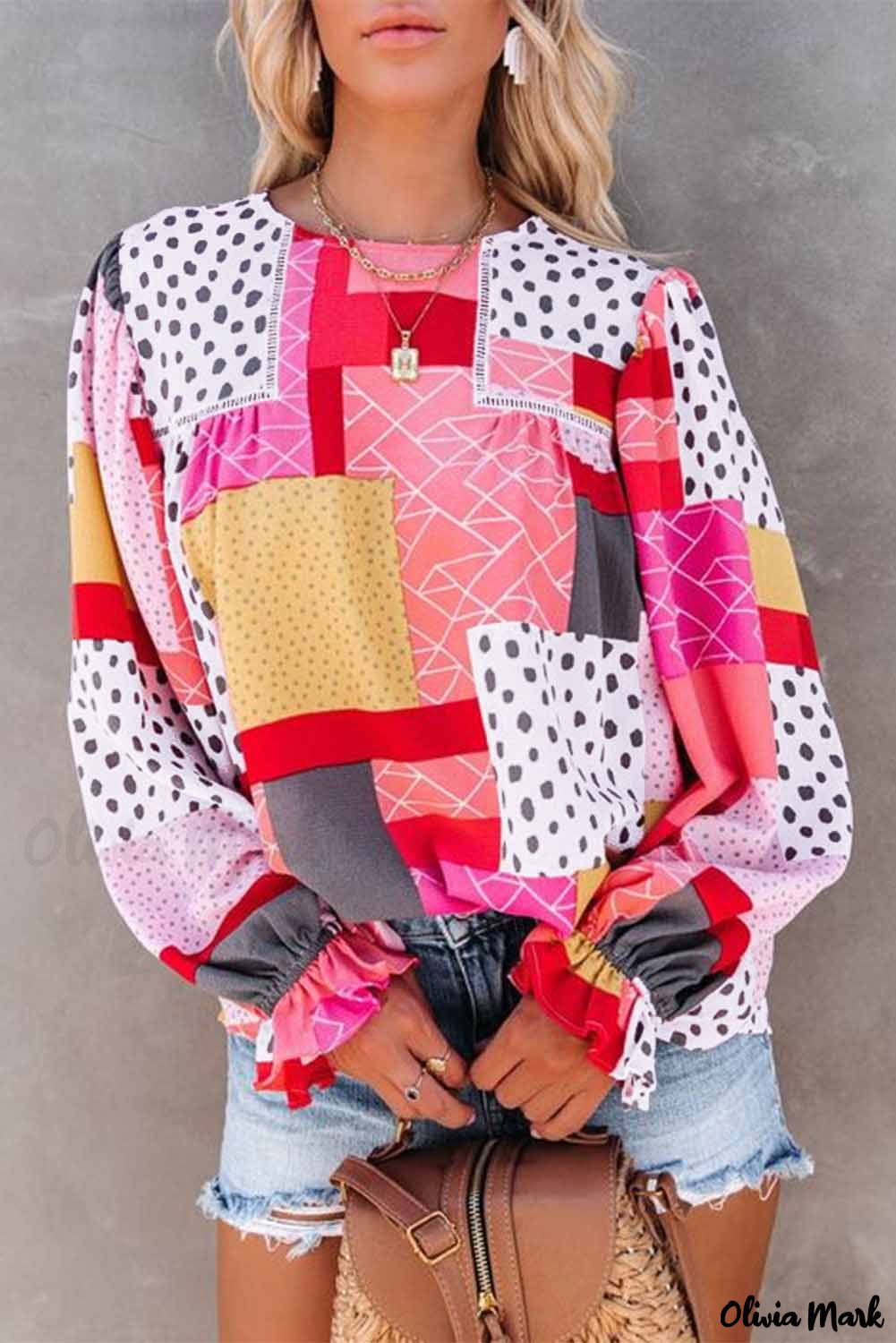 Deanwangkt - Multicolor Polka Dot Geometric Patchwork Long Sleeve Blouse - Deanwangkt