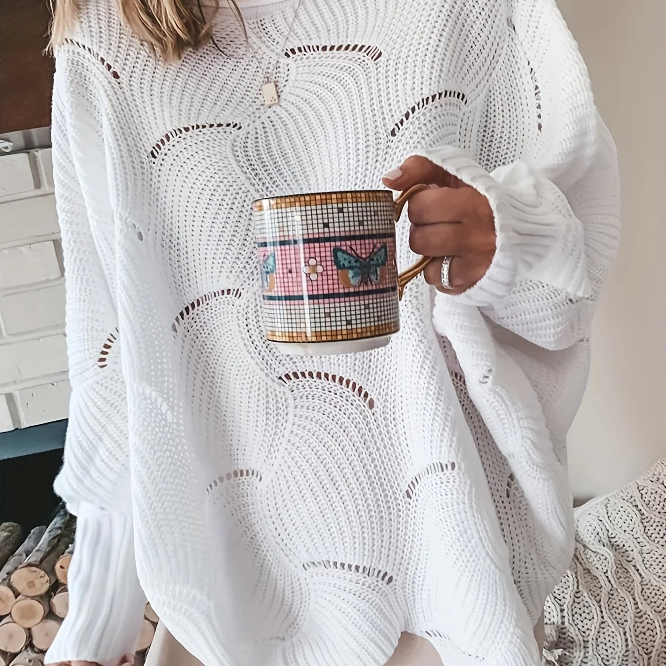 deanwangkt-1  Solid Cutout Irregular Hem Knit Sweater, Casual Crew Neck Long Sleeve Pullover Sweater, Women's Clothing - Deanwangkt