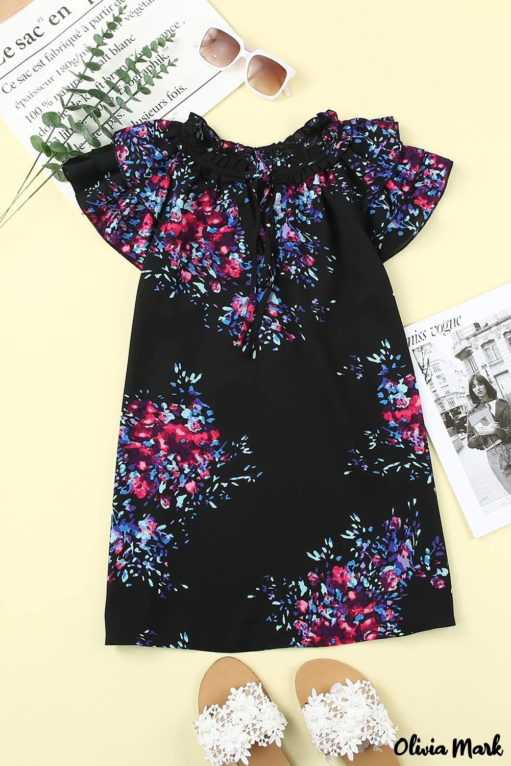 Deanwangkt - Black Tie-Dye Print Split V-Neck Butterfly Sleeve Blouse - Deanwangkt