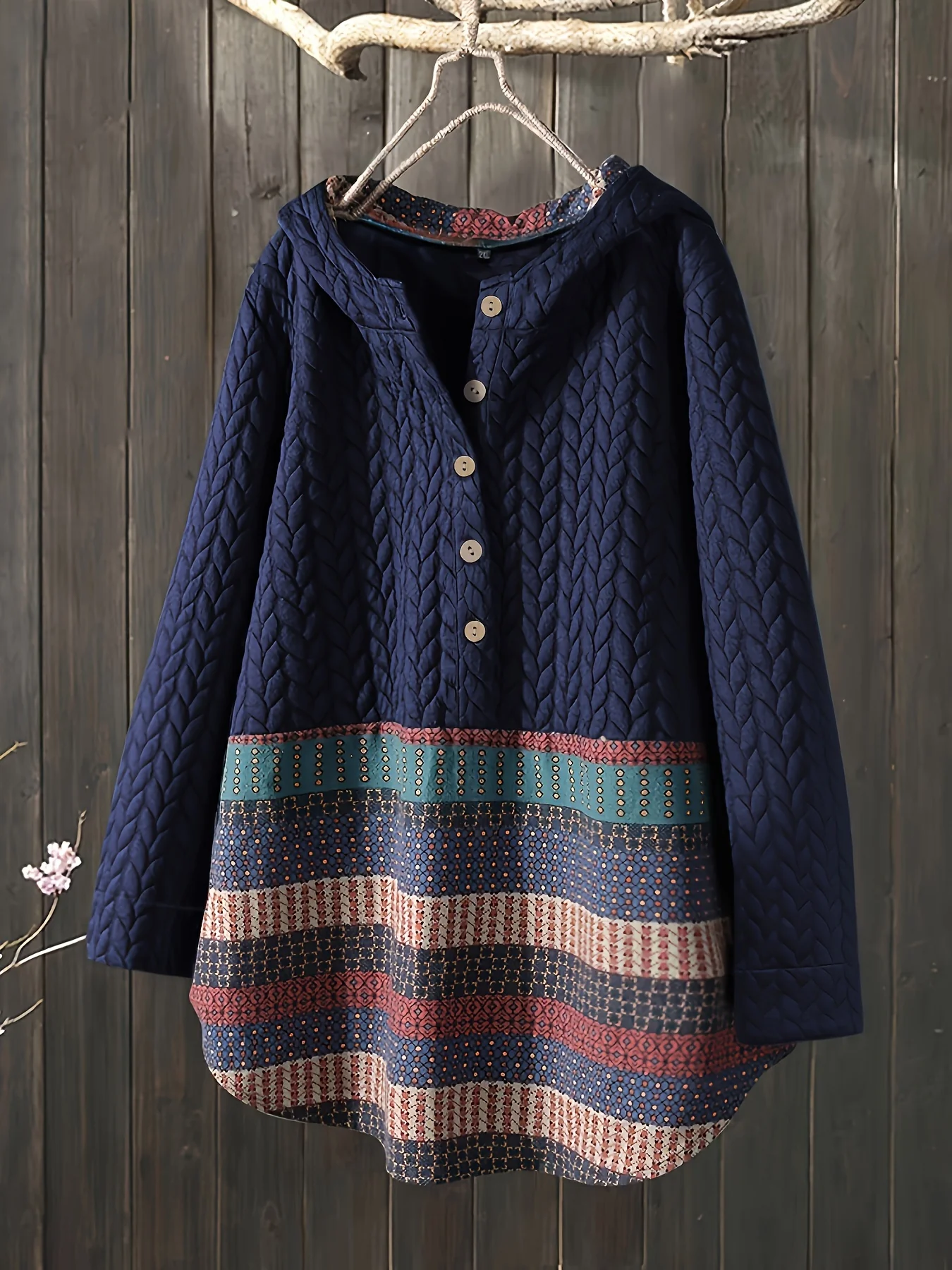 Tribal Print Long Sleeve Hooded Padded Jacket, Casual Button Front Loose Hem Outerwear, Women's Clothing - Deanwangkt