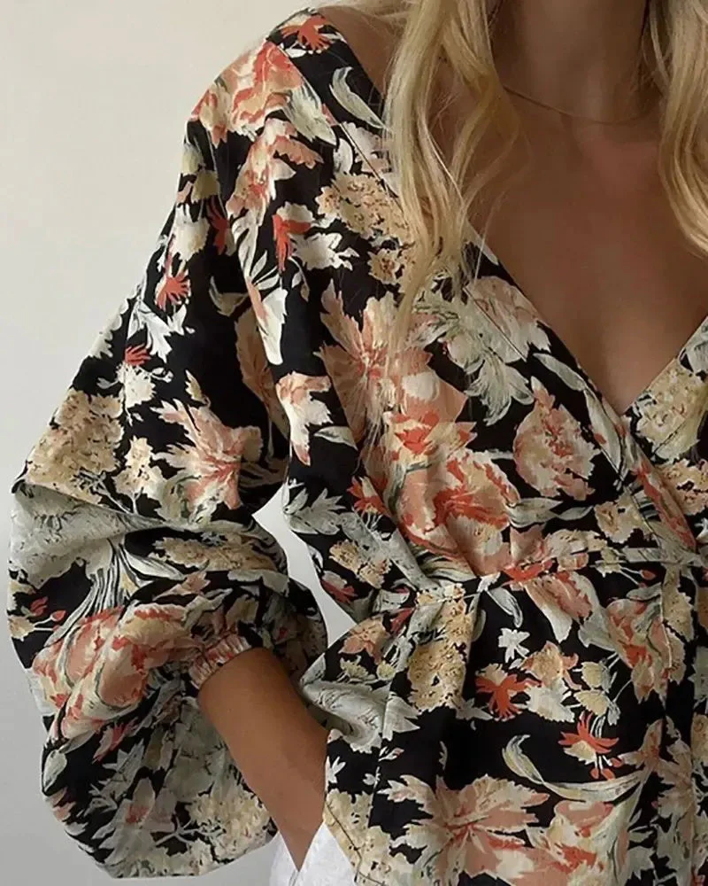 Deanwangkt - Lantern Sleeve Floral Print V-Neck Top - Deanwangkt