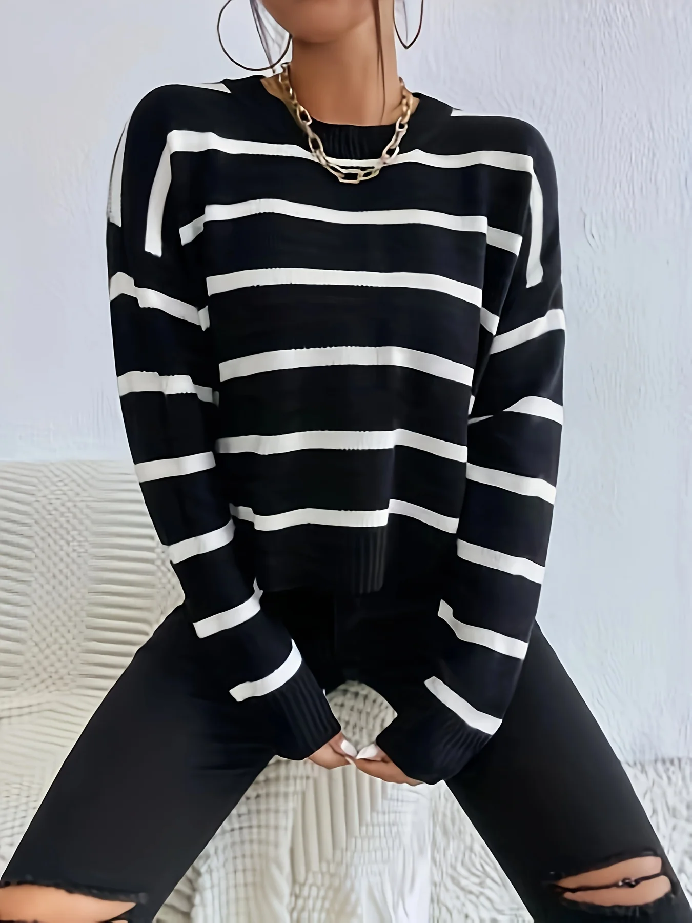 deanwangkt-1  Striped Crew Neck Pullover Sweater, Casual Long Sleeve Drop Shoulder Sweater, Women's Clothing - Deanwangkt