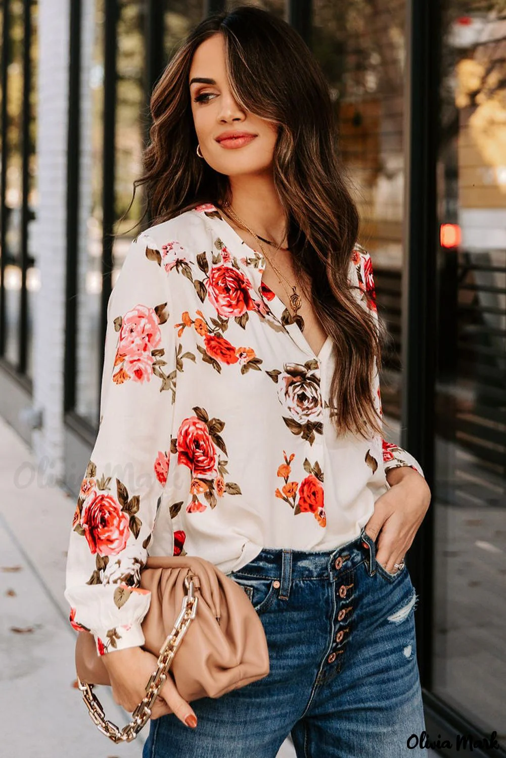 Deanwangkt - Beige Floral Print V-Neck Button Down Blouse - Deanwangkt