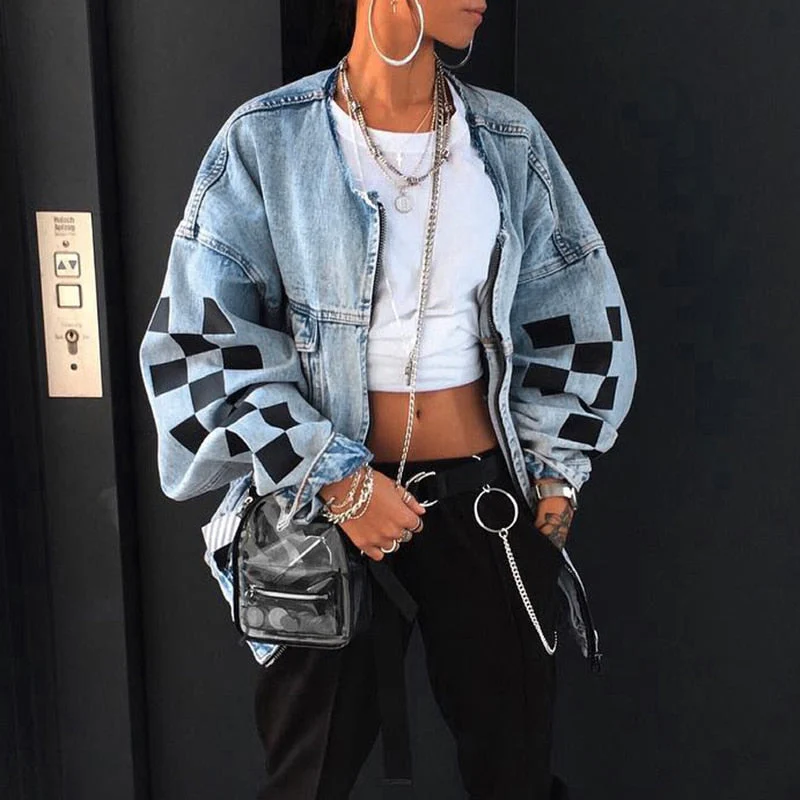 Christmas Gift Deanwangkt Jean Jacket Women Denim Jackets Autumn Winter Loose Plaid Zipper Tops Streewear Hip Hop Coats Jackets Ladies Plus Size 5xl - Deanwangkt