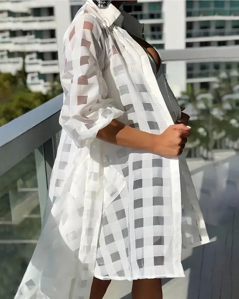 Deanwangkt - Plaid Sheer Mesh Button Down Shirt With Belt - Deanwangkt