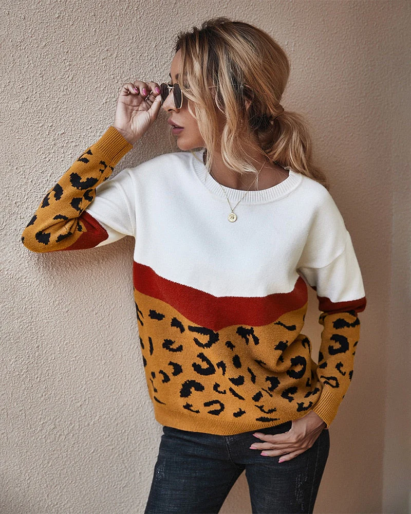 Christmas Gift Deanwangkt Fashion Leopard Patchwork Autumn Winter Ladies Knitted Sweater Women O-neck Full Sleeve Jumper Pullovers Top - Deanwangkt