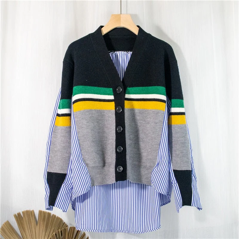 Christmas Gift Deanwangkt Spring Women's Sweaters Patchwork Srtiped Knitting V-Neck Stylish Knitted Button Cardigans Loose Tops SWC1816 - Deanwangkt