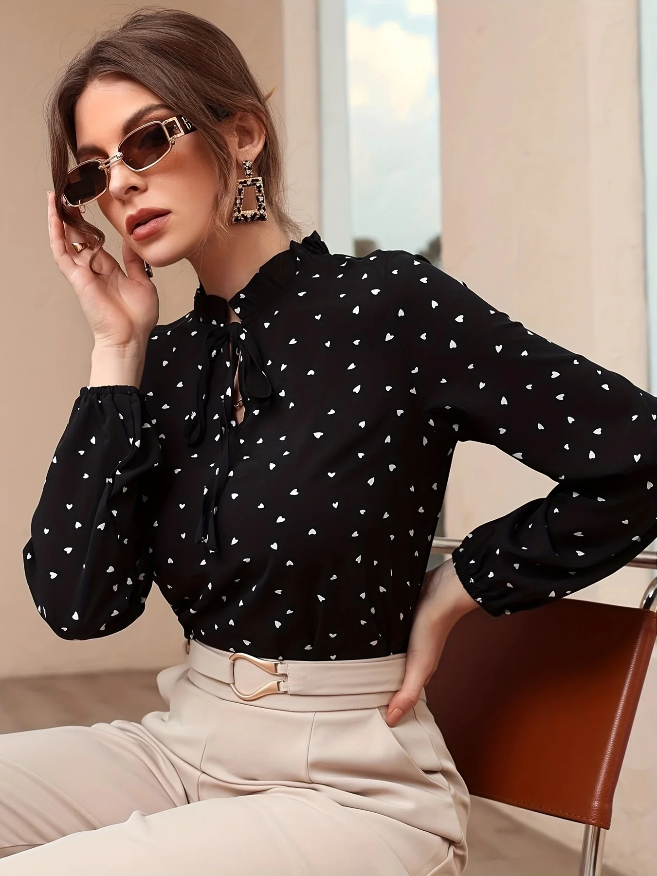 Confetti Heart Print Blouse, Elegant Tie Front Long Sleeve Blouse, Women's Clothing - Deanwangkt