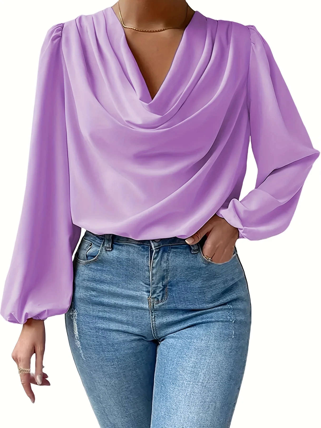 Long Sleeve Cowl Neck Blouse, Solid Casual Top For Fall & Spring, Women's Clothing - Deanwangkt