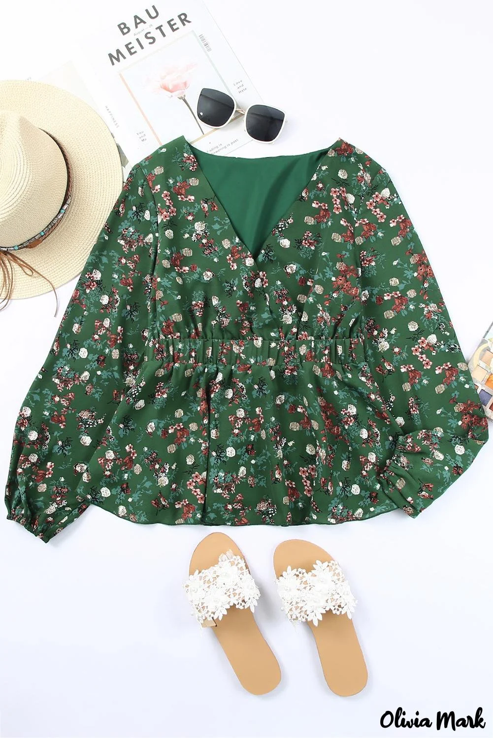 Deanwangkt - Green Floral Print Wrap V-Neck Peplum Top - Deanwangkt
