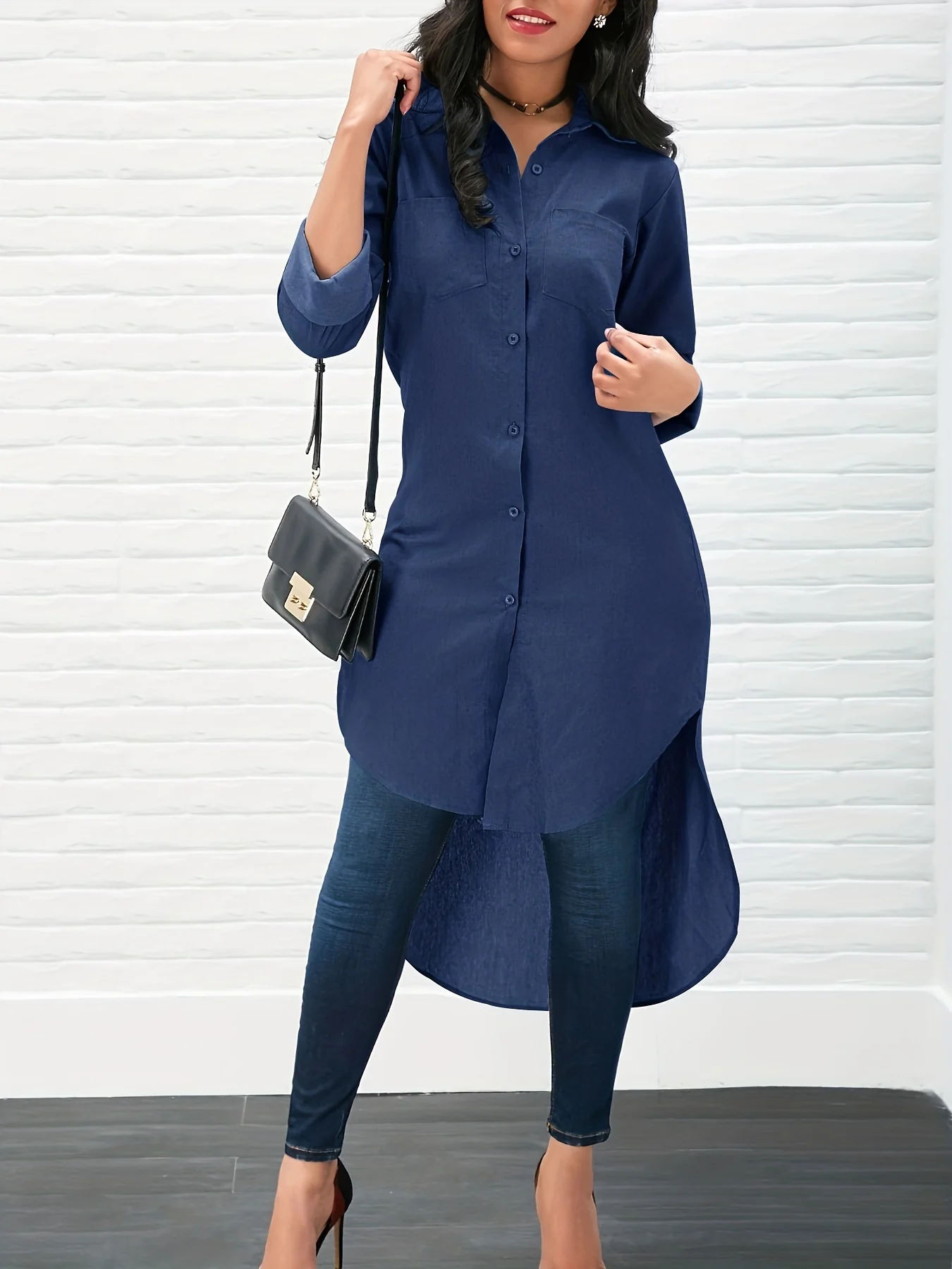 Solid Long Sleeve Button Down Lapel Irregular Hem Shirt, Elegant Pockets Stylish Comfy Shirt, Women's Clothing - Deanwangkt