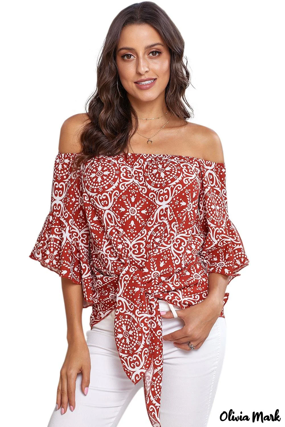 Deanwangkt - Bohemian red blouse with floral print and bare shoulders - Deanwangkt