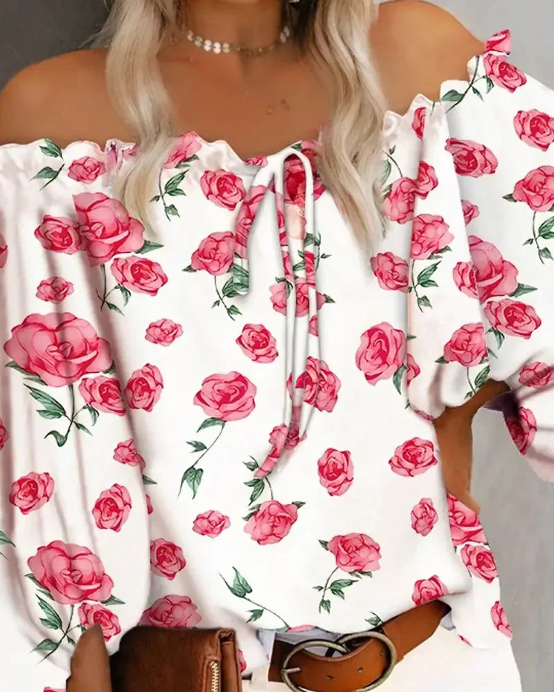 Deanwangkt - Floral Print Off Shoulder Frill Hem Top - Deanwangkt