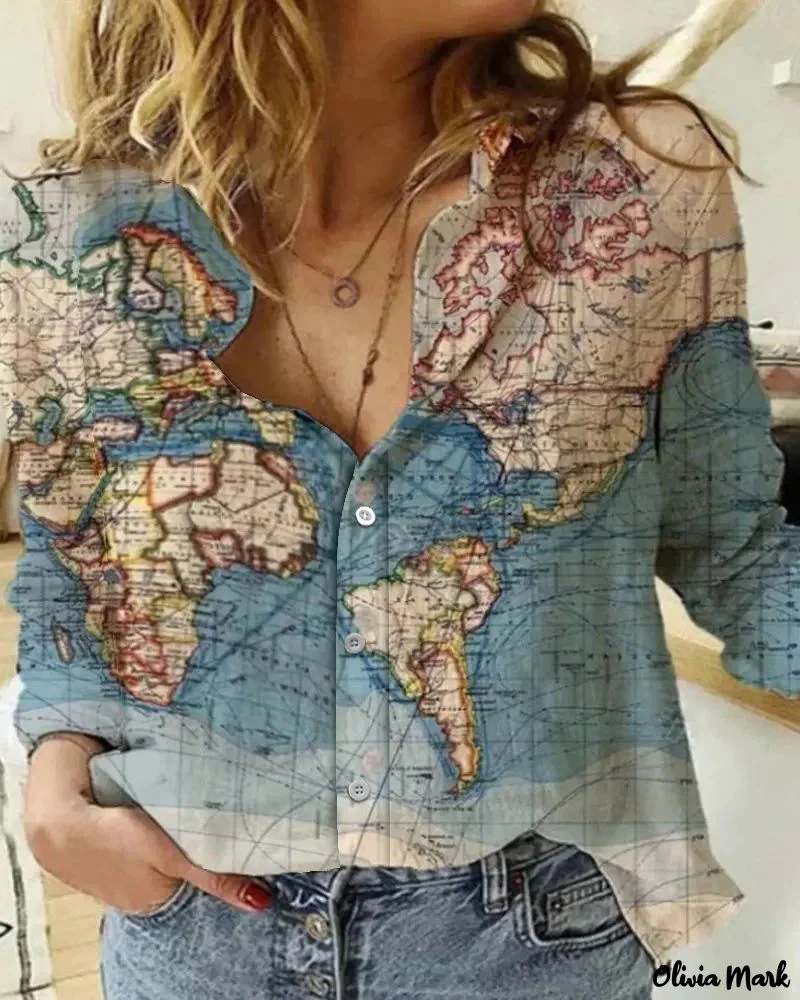 Deanwangkt - Map Print Long Sleeve Button Down Shirt - Deanwangkt