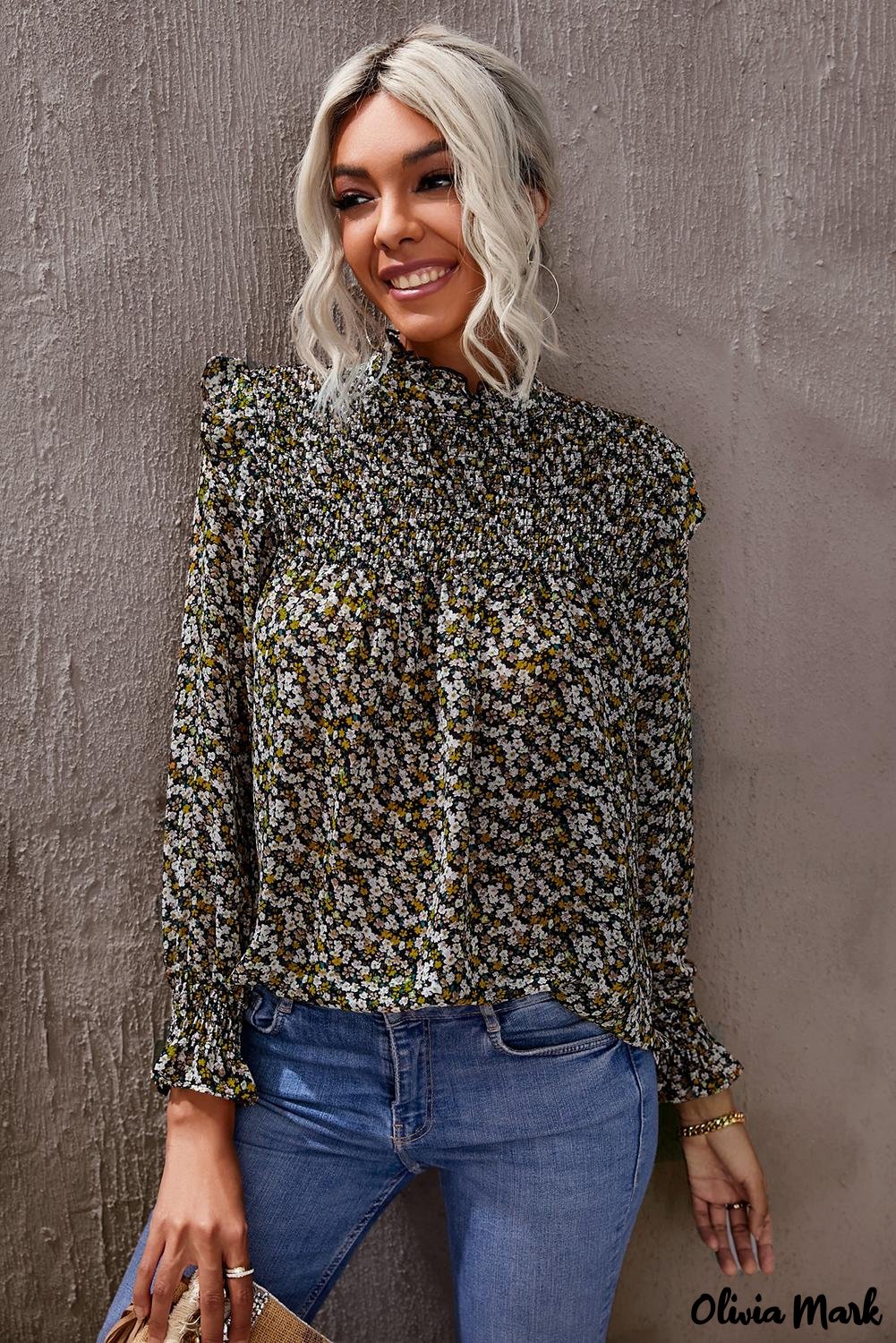 Deanwangkt - Floral Print Ruffle Long Sleeve Blouse - Deanwangkt