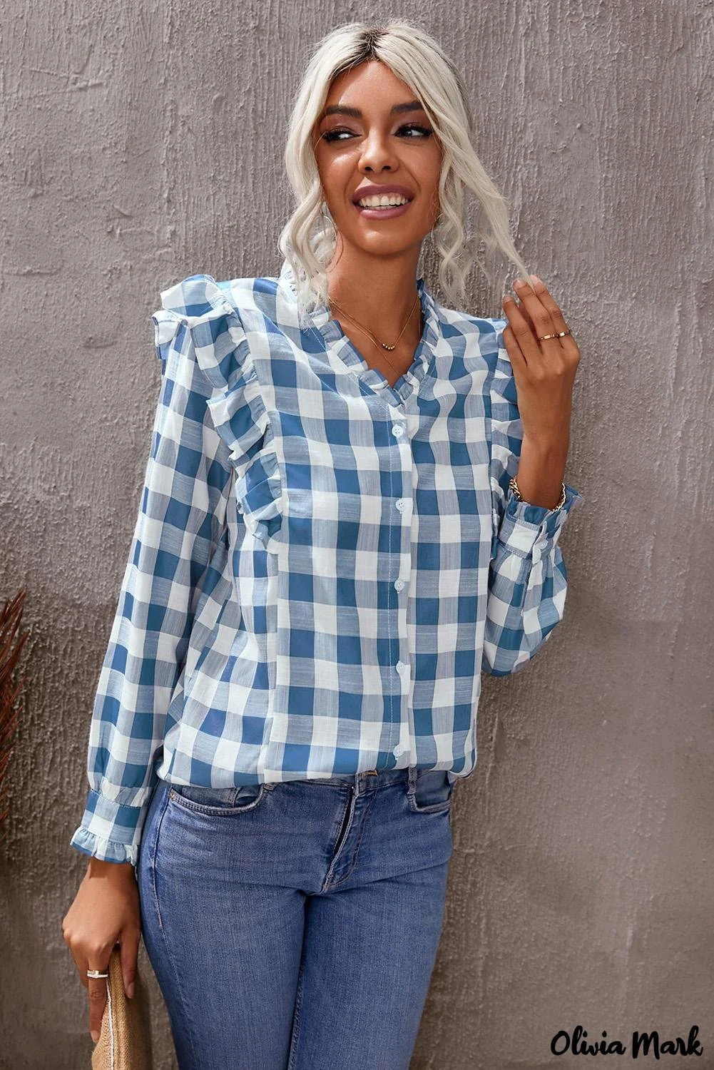 Deanwangkt - Sky blue checked ruffled button-down shirt - Deanwangkt