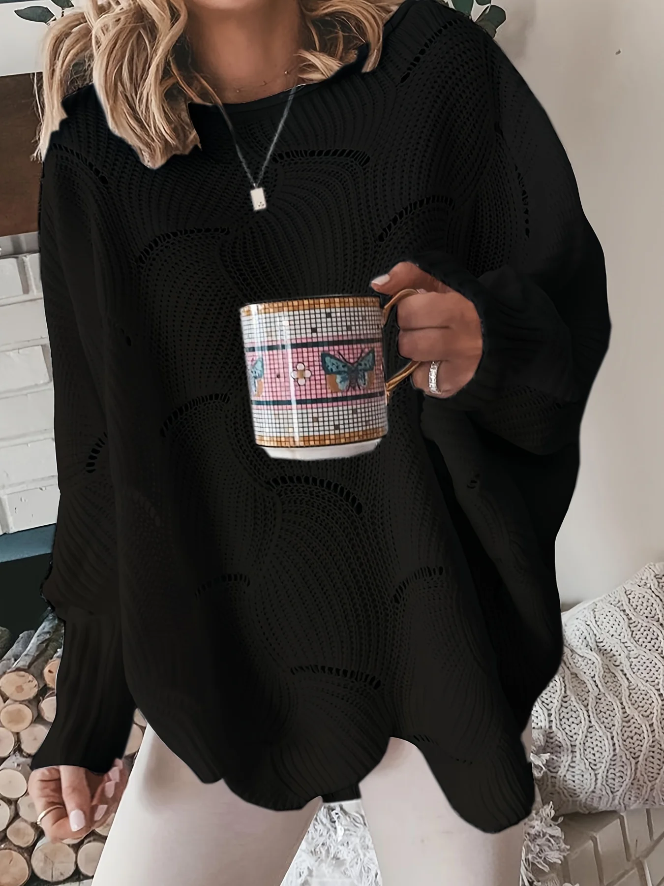 deanwangkt-1  Solid Cutout Irregular Hem Knit Sweater, Casual Crew Neck Long Sleeve Pullover Sweater, Women's Clothing - Deanwangkt