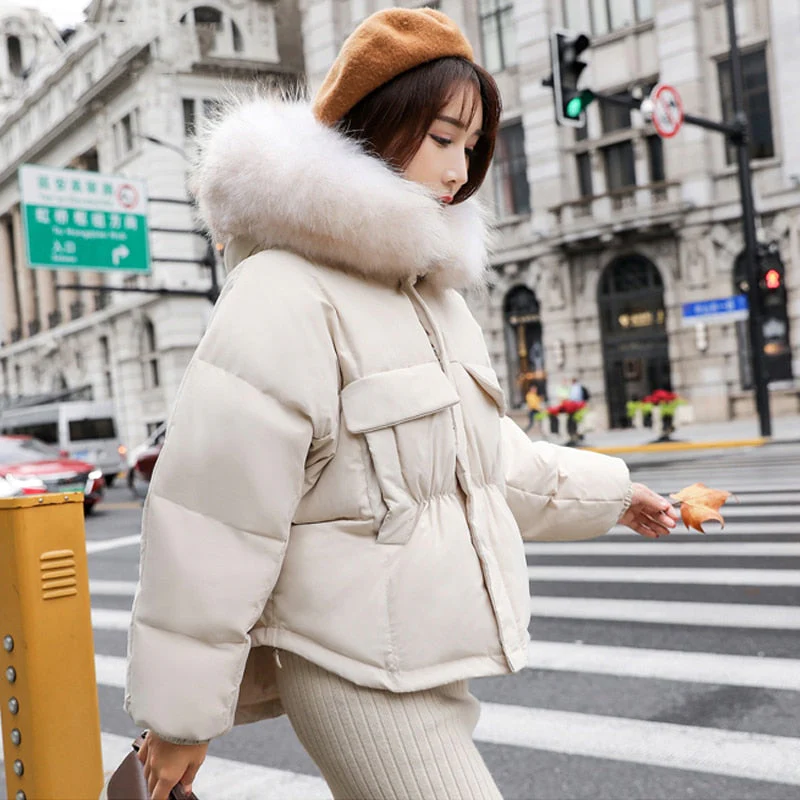 Black Friday Sales New Winter Warm 90% White Duck Down Parka Women Large Natural Fur Collar Hooded Short Jacket Coat Loose Outwear - Deanwangkt
